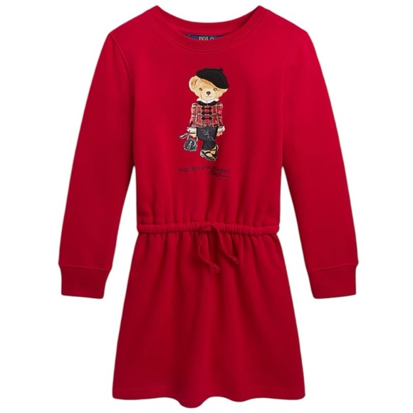 POLO RALPH LAUREN‎ Red Bear Fleece Dress Girl Size L XL Winter Drawstring Beret - Picture 1 of 8